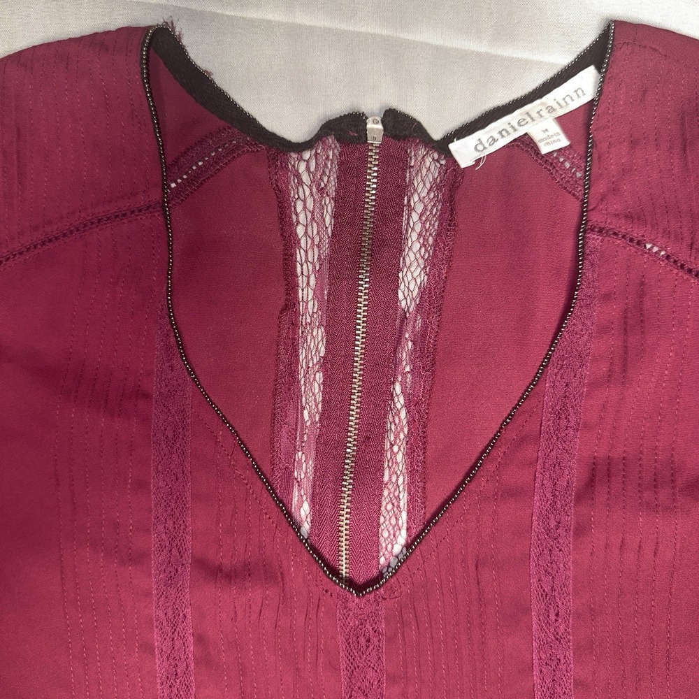 Tuxedo Blouse Medium Magenta Chiffon Lace V Neck Whimsigoth Dainty Romantic